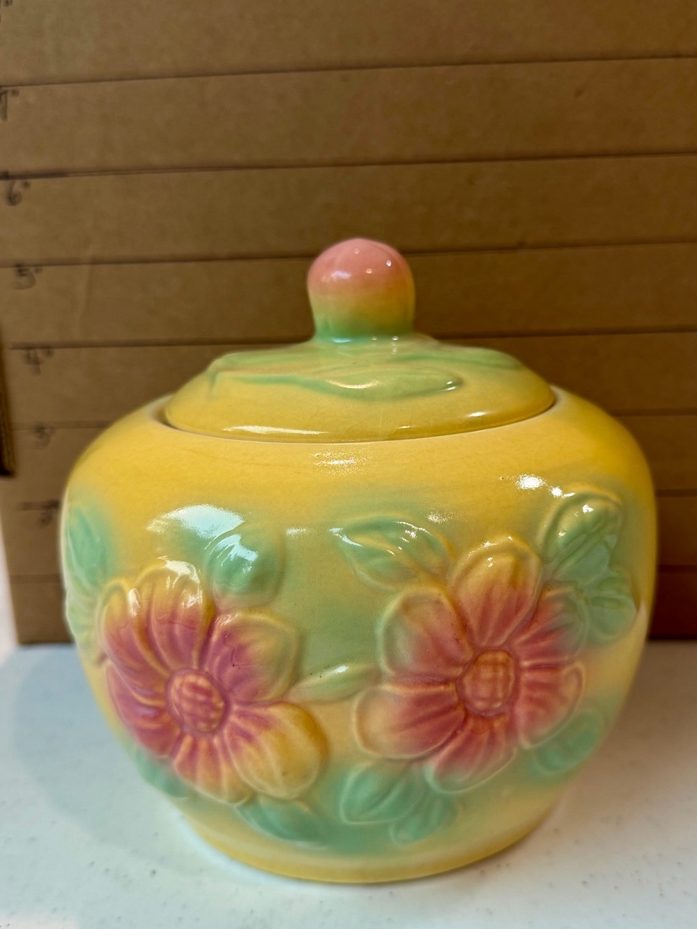 Hull Pottery Sunglow Grease Jar with Lid - Yellow, Pink & Green
